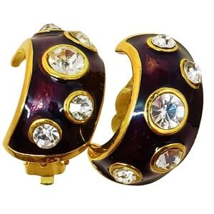 Dark Purple Half Hoop Clip On Earrings Enamel Rhinestone Gold Tone Vintage 1980s
